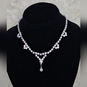 Vintage 1920's Era Teardrop Silver Necklace with Rhinestone Accents